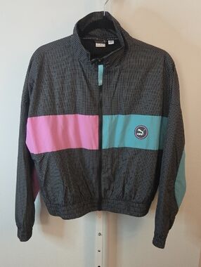 Puma Grid Print Colorblock Windbreaker Jacket Pink Teal Turquoise Large Retro 90